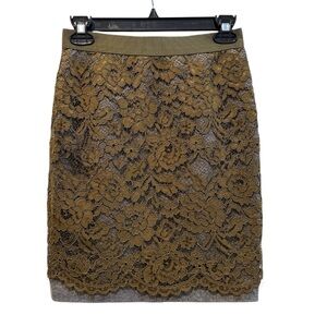 Loft Petites Skirt Grey Terry With Olive Green Lace Overlay‎ Elastic Waist 00P